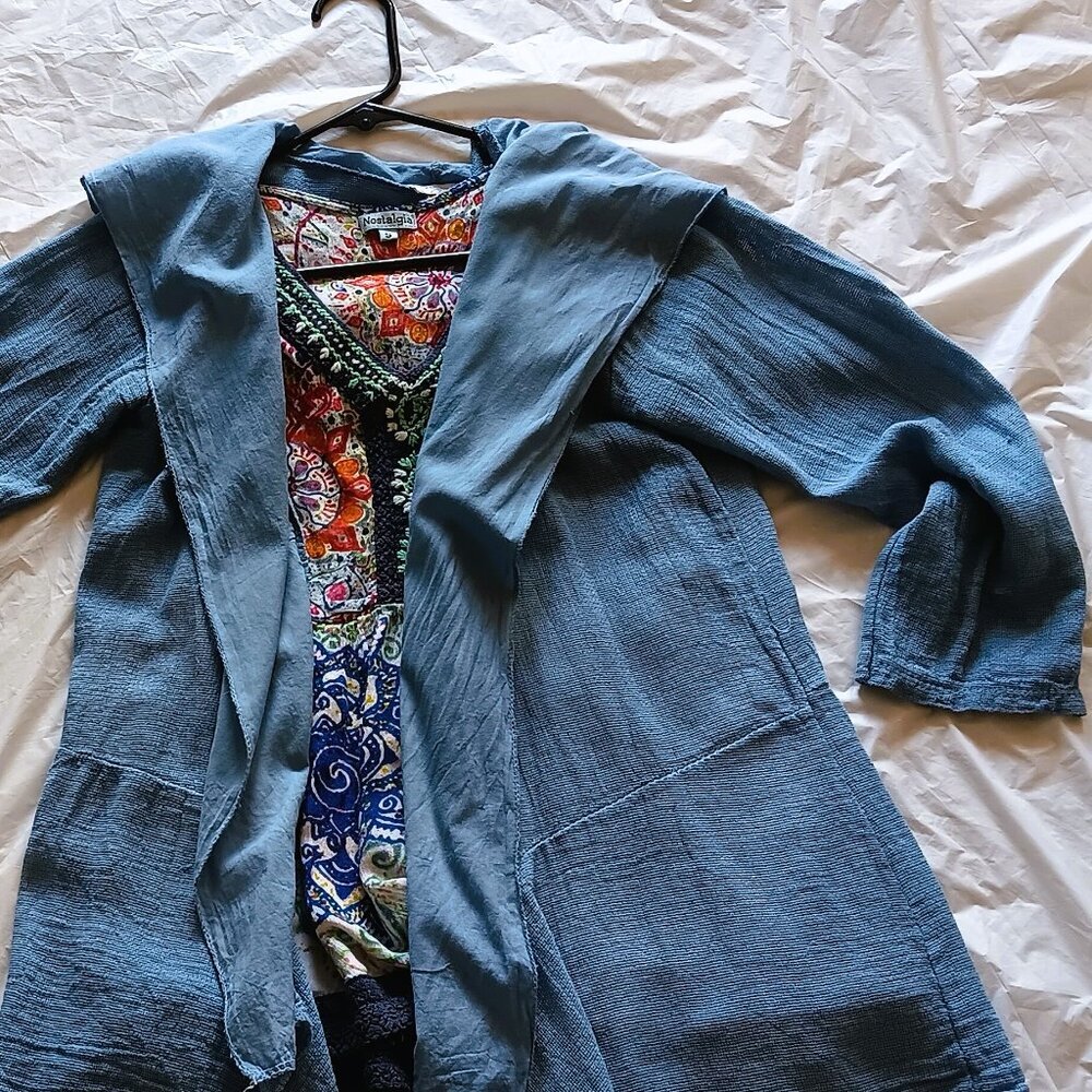 SEMI-MESH COTTON BLEND HOODED COVER-UP& COLORFUL COORDINATING MACRAME SUN TOP, S - Picture 6 of 6
